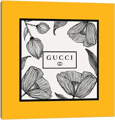 Yellow Frame Gucci Flowers Canvas Art Print - Black, White & Yellow Art