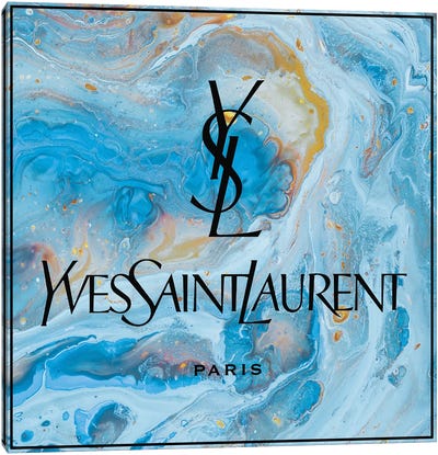 Yves Saint Laurent Blue Abstract Ysl Black Letters Canvas Art Print - Yves Saint Laurent