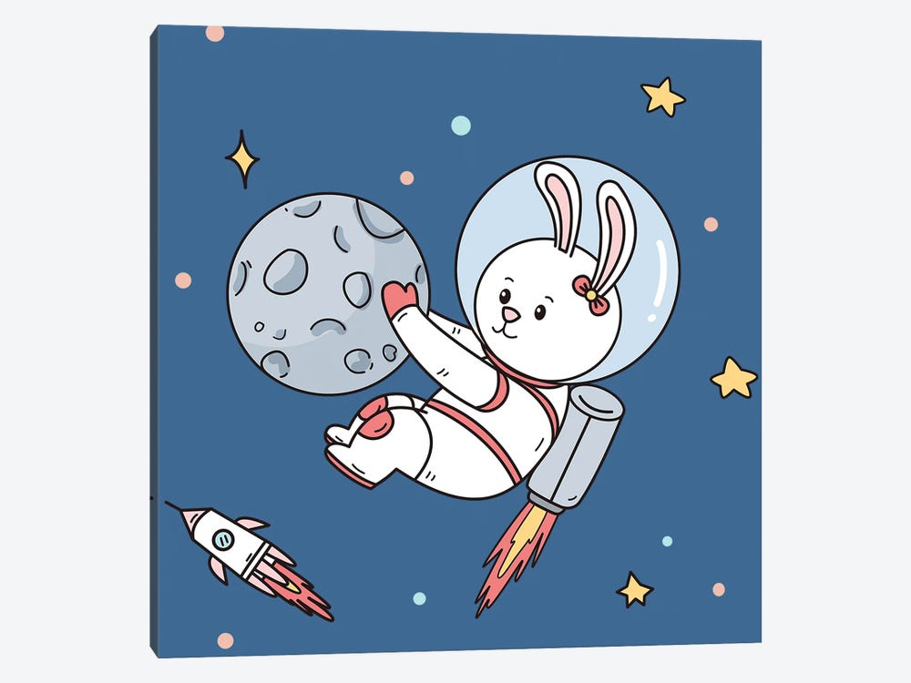 Rabbit astronaut art print Brown moon bunny artwork Space wall decorations