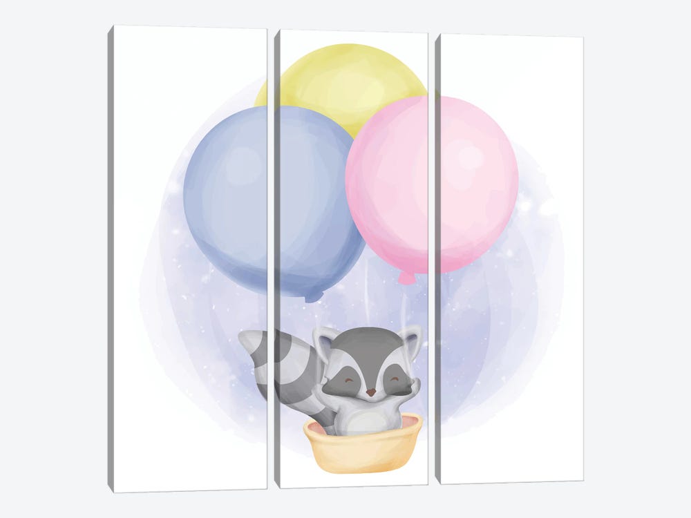 Raccoon And Balloons For Kids Room by Art Mirano 3-piece Canvas Artwork