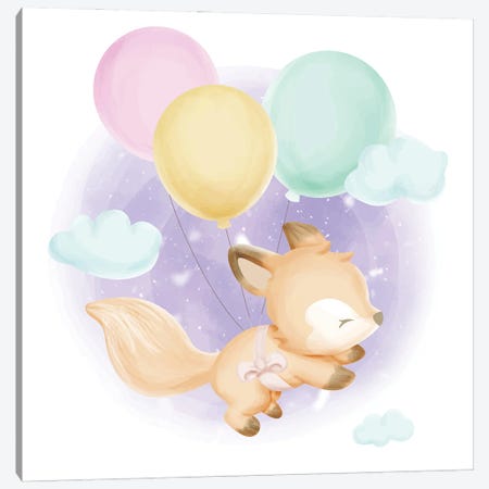 Baby Foxy And Balloons Canvas Print #ARM865} by Art Mirano Canvas Art