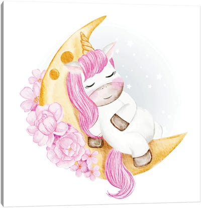 Baby Unicorn Sleeping Canvas Art Print - Friendly Mythical Creatures