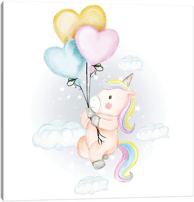 Unicorn Fly With Heart Balloons Canvas Art Print - Heart Art