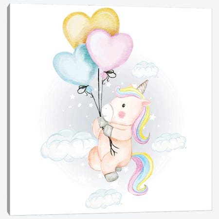 Unicorn Fly With Heart Balloons Canvas Print #ARM879} by Art Mirano Canvas Artwork