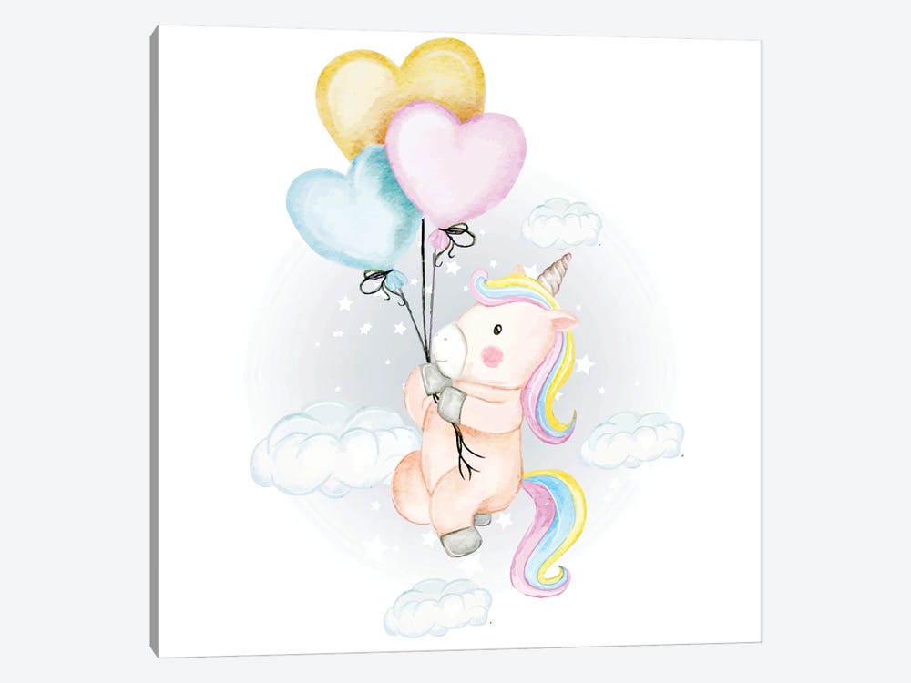 Unicorn Fly With Heart Balloons by Art Mirano 1-piece Canvas Print