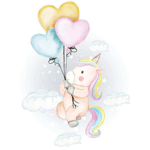 Art Mirano: Unicorn Fly With Heart Balloons by Art Mirano