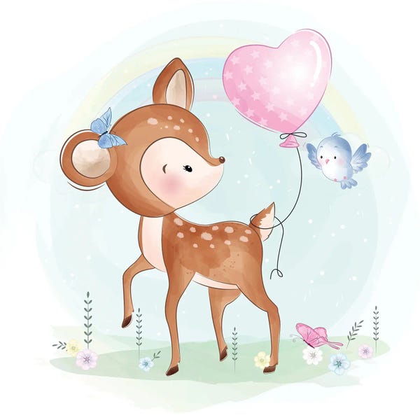 Art Mirano: Cute Little Deer And Bird by Art Mirano