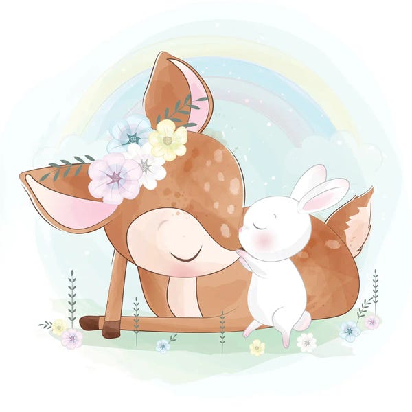 Rainbows: Cute Little Deer With Bunny by Art Mirano