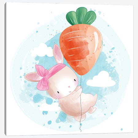 Little Bunny Flying With Carrot Canvas Print #ARM902} by Art Mirano Canvas Artwork