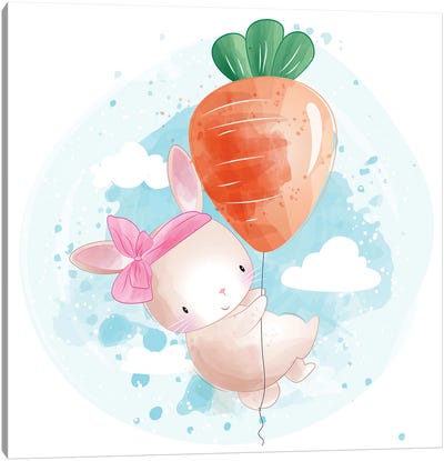 Little Bunny Flying With Carrot Canvas Art Print - Carrot Art