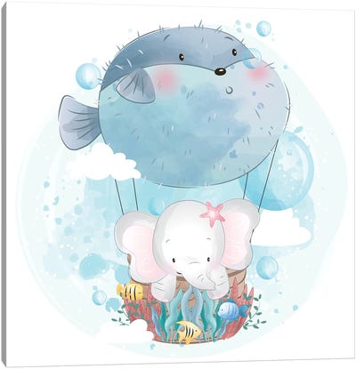 Little Elephant Flying Canvas Art Print - Bubbles