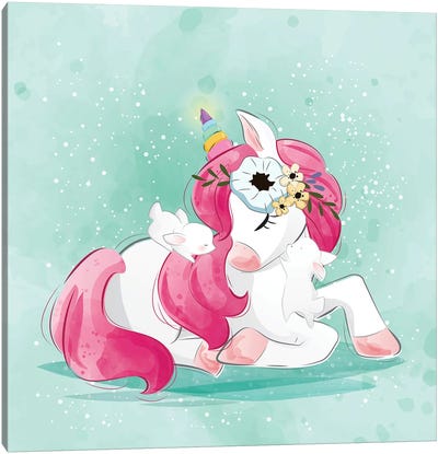 Pink Unicorn Canvas Art Print - Friendly Mythical Creatures