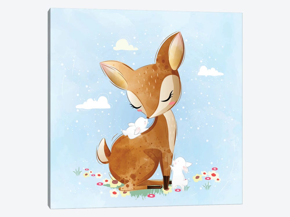 Deer With Little Bunnies by Art Mirano 1-piece Canvas Artwork