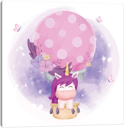Unicorn Fly With Air Balloon Canvas Art Print - Friendly Mythical Creatures