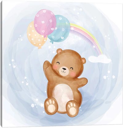 Baby Bear Flying With Balloons Canvas Art Print - Teddy Bear