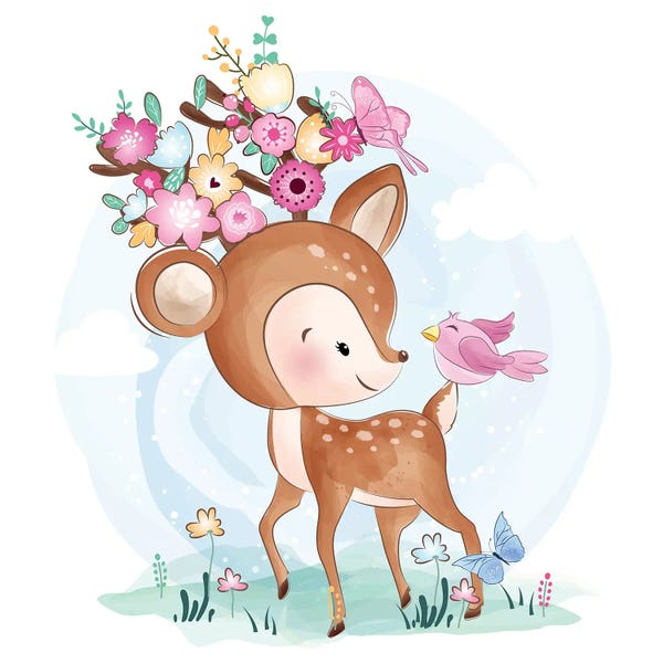 Art Mirano: Little Deer With Bird by Art Mirano