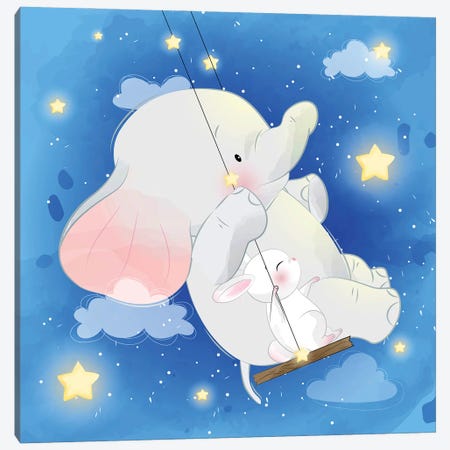 Little Elephant And Rabbit Playing Canvas Print #ARM920} by Art Mirano Canvas Wall Art
