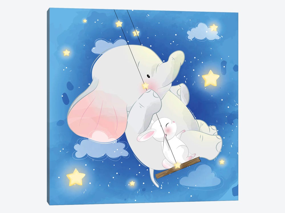 Little Elephant And Rabbit Playing by Art Mirano 1-piece Canvas Artwork