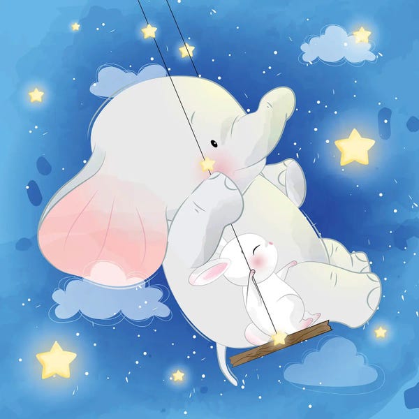 Art Mirano: Little Elephant And Rabbit Playing by Art Mirano