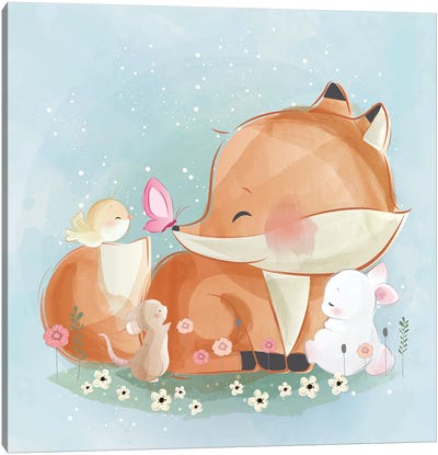 Fox With His Friends Canvas Art Print - Mouse Art
