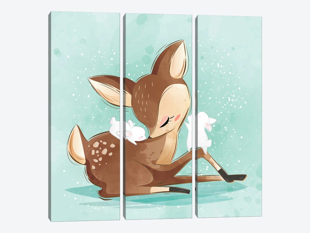 Cute Deer With Little Bunnies by Art Mirano 3-piece Canvas Print