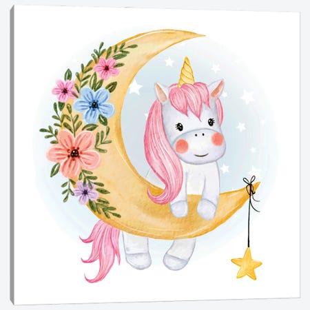 Cute Unicorn With Moon Canvas Print #ARM947} by Art Mirano Art Print