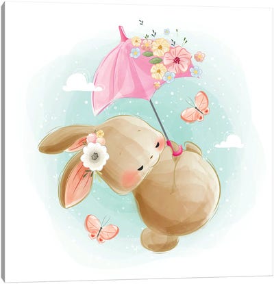 Cute Bunny Flying Canvas Art Print - Art Mirano