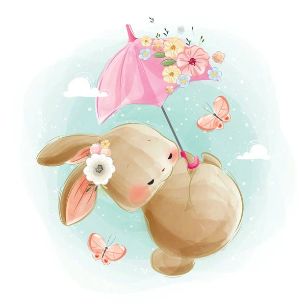 Umbrellas: Cute Bunny Flying by Art Mirano