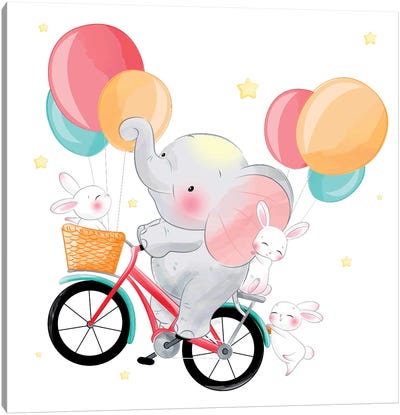 Cute Elephant Riding A Bicycle Canvas Art Print - Balloons