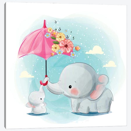 Mommy Elephant Holding An Umbrella Canvas Print #ARM973} by Art Mirano Art Print