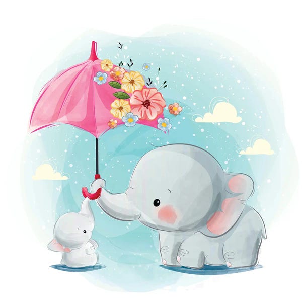 Art Mirano: Mommy Elephant Holding An Umbrella by Art Mirano