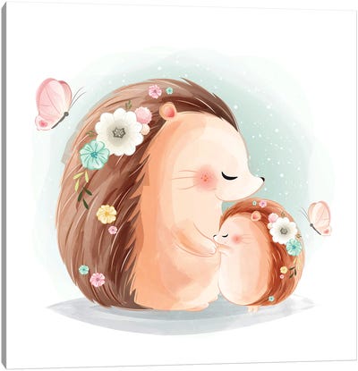 Mommy And Baby Hedgehog Hugging Canvas Art Print - Hedgehogs