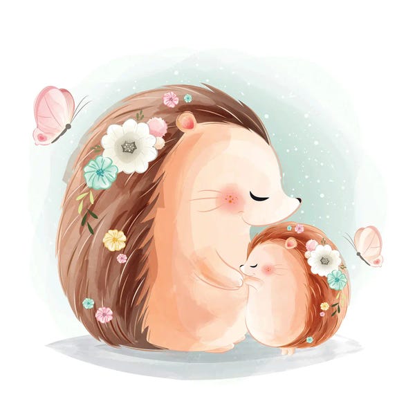 Hedgehogs: Mommy And Baby Hedgehog Hugging by Art Mirano