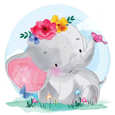 Cute Elephant Playing With Butterfly by Art Mirano framed canvas print