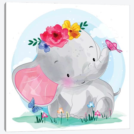 Cute Elephant Playing With Butterfly Canvas Print #ARM988} by Art Mirano Canvas Art