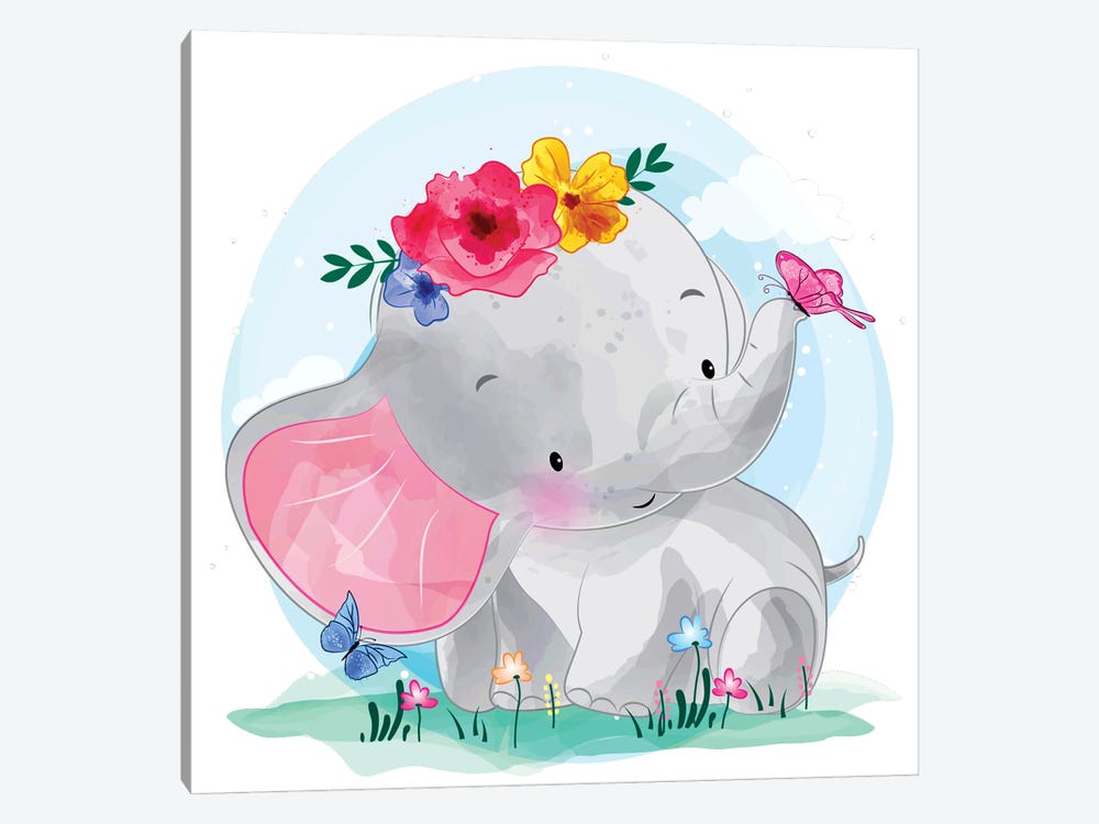 Cute Elephant Playing With Butterfly by Art Mirano 1-piece Canvas Artwork