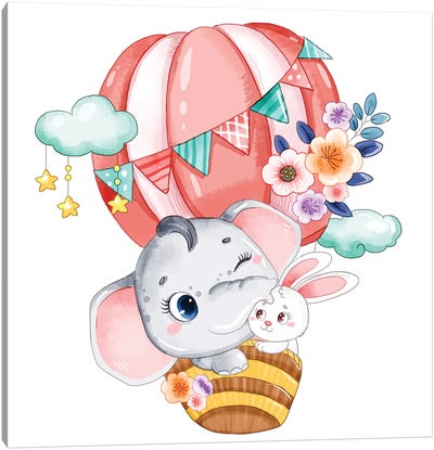 Cute Elephant And Rabbit Canvas Art Print - Hot Air Balloon Art