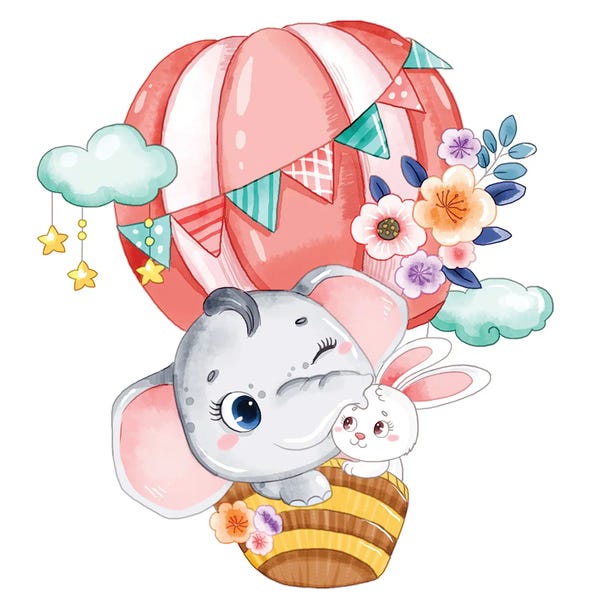 Hot Air Balloons: Cute Elephant And Rabbit by Art Mirano