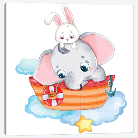 Cute Elephant And Rabbit On A Boat Canvas Print #ARM994} by Art Mirano Canvas Artwork
