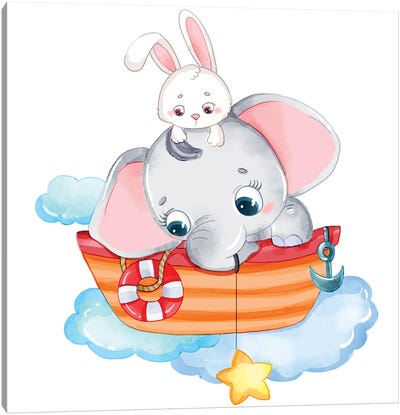 Cute Elephant And Rabbit On A Boat Canvas Art Print - Rowboat Art