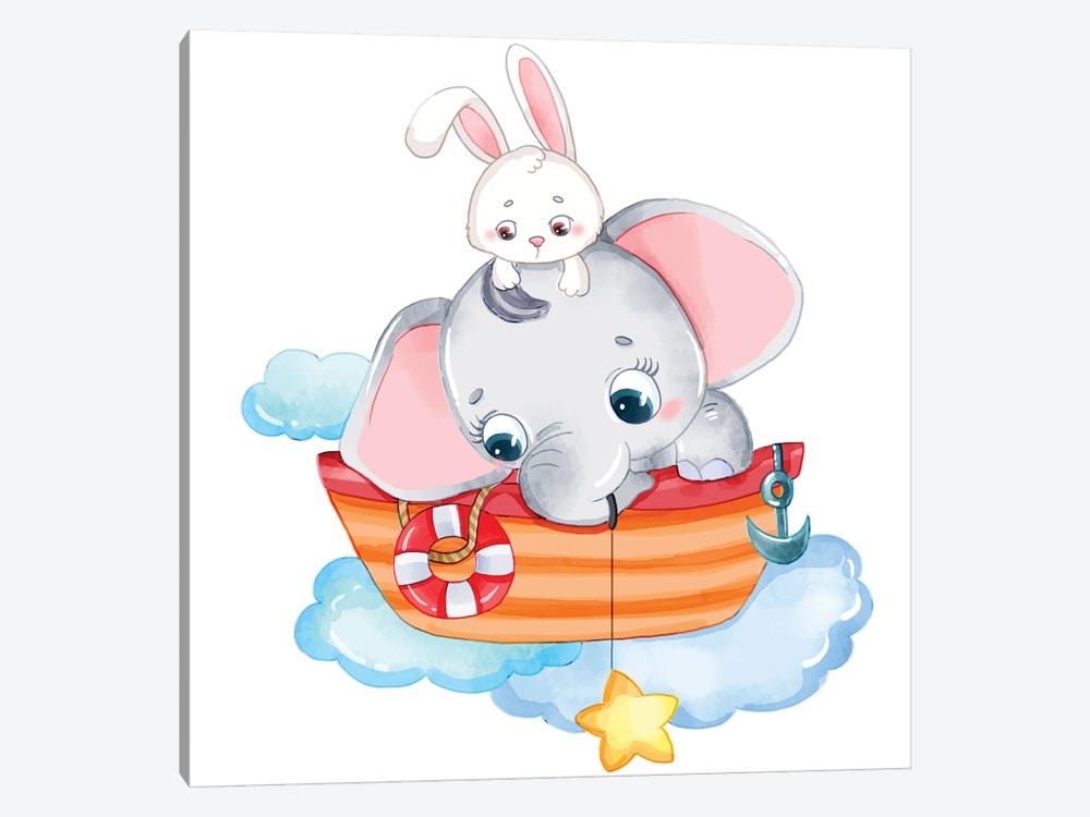 Cute Elephant And Rabbit On A Boat by Art Mirano 1-piece Canvas Print