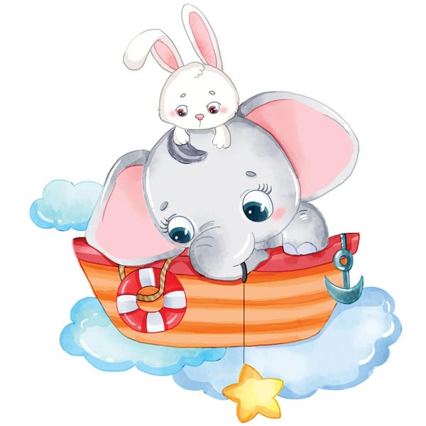 Rowboats: Cute Elephant And Rabbit On A Boat by Art Mirano