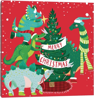 Merry Christmas Canvas Art Print - Christmas Trees & Wreath Art