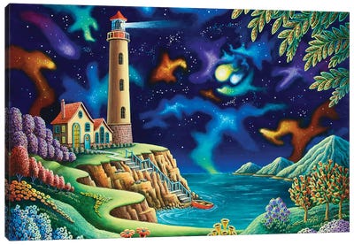 Night Lights Canvas Art Print - Lighthouse Art