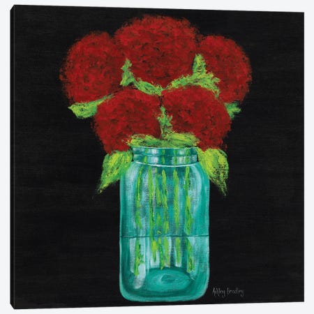 Red Hydrangeas In Mason Jar Canvas Print #ASB103} by Ashley Bradley Canvas Art