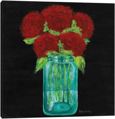 Red Hydrangeas In Mason Jar Canvas Art Print - Ashley Bradley