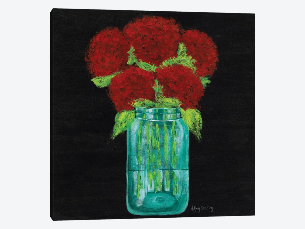 Red Hydrangeas In Mason Jar by Ashley Bradley 1-piece Canvas Art