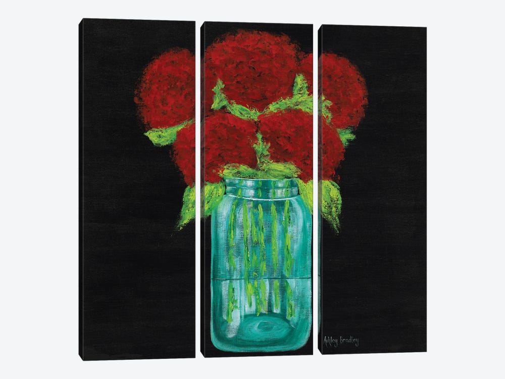 Red Hydrangeas In Mason Jar by Ashley Bradley 3-piece Canvas Wall Art