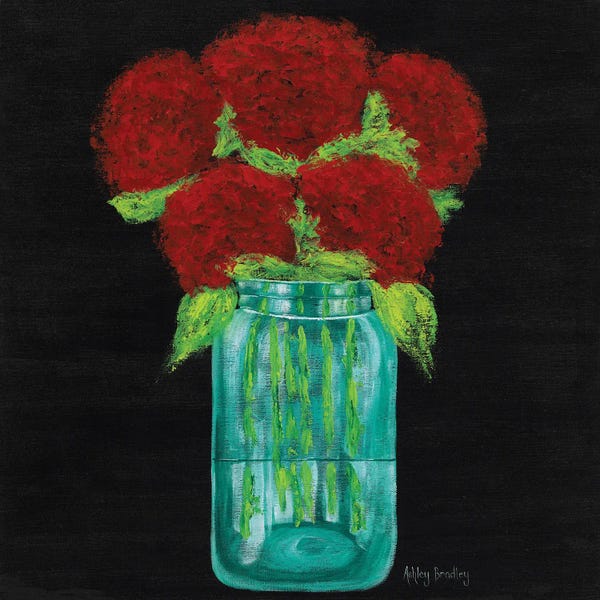 Hydrangeas: Red Hydrangeas In Mason Jar by Ashley Bradley
