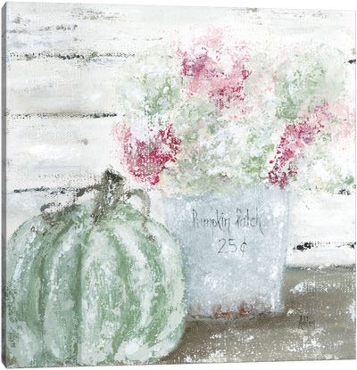 Green Pumpkin Floral Canvas Art Print - Thanksgiving Art